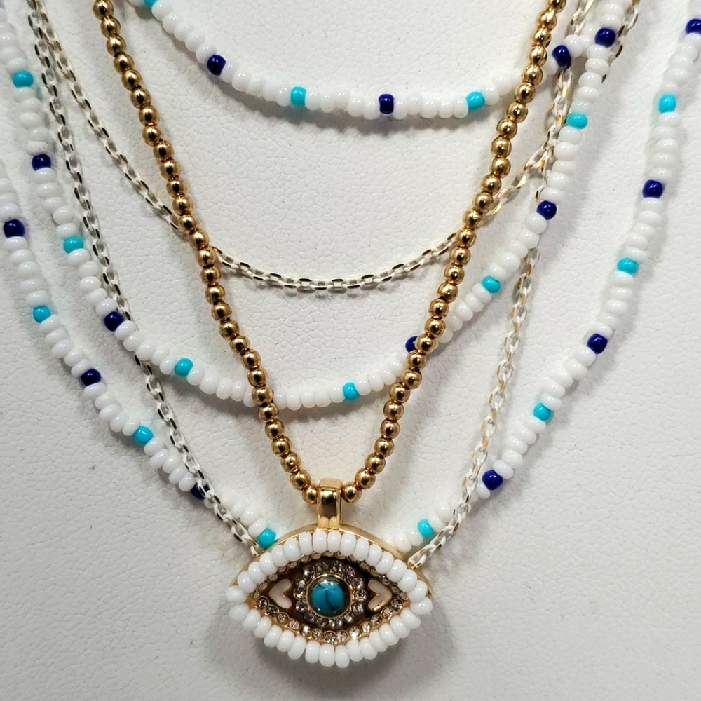 Rebecca Minkoff - Layered Beads Evil Eye Necklace (Turquoise Multi) - Picture 2 of 5
